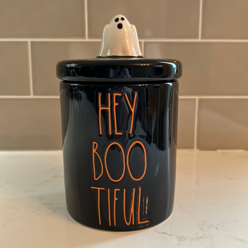 Rae Dunn Halloween Canister with ghost on top. Ceramic.